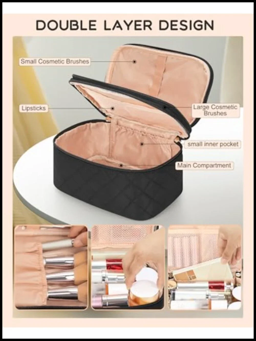 Large Travel Makeup Bag with Brush Compartment, Double Layer Design, Portable